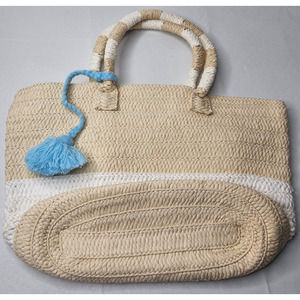 Altru Women's Tan White Pom Pom Tassel Beach Shopping Straw Woven Tote Bag